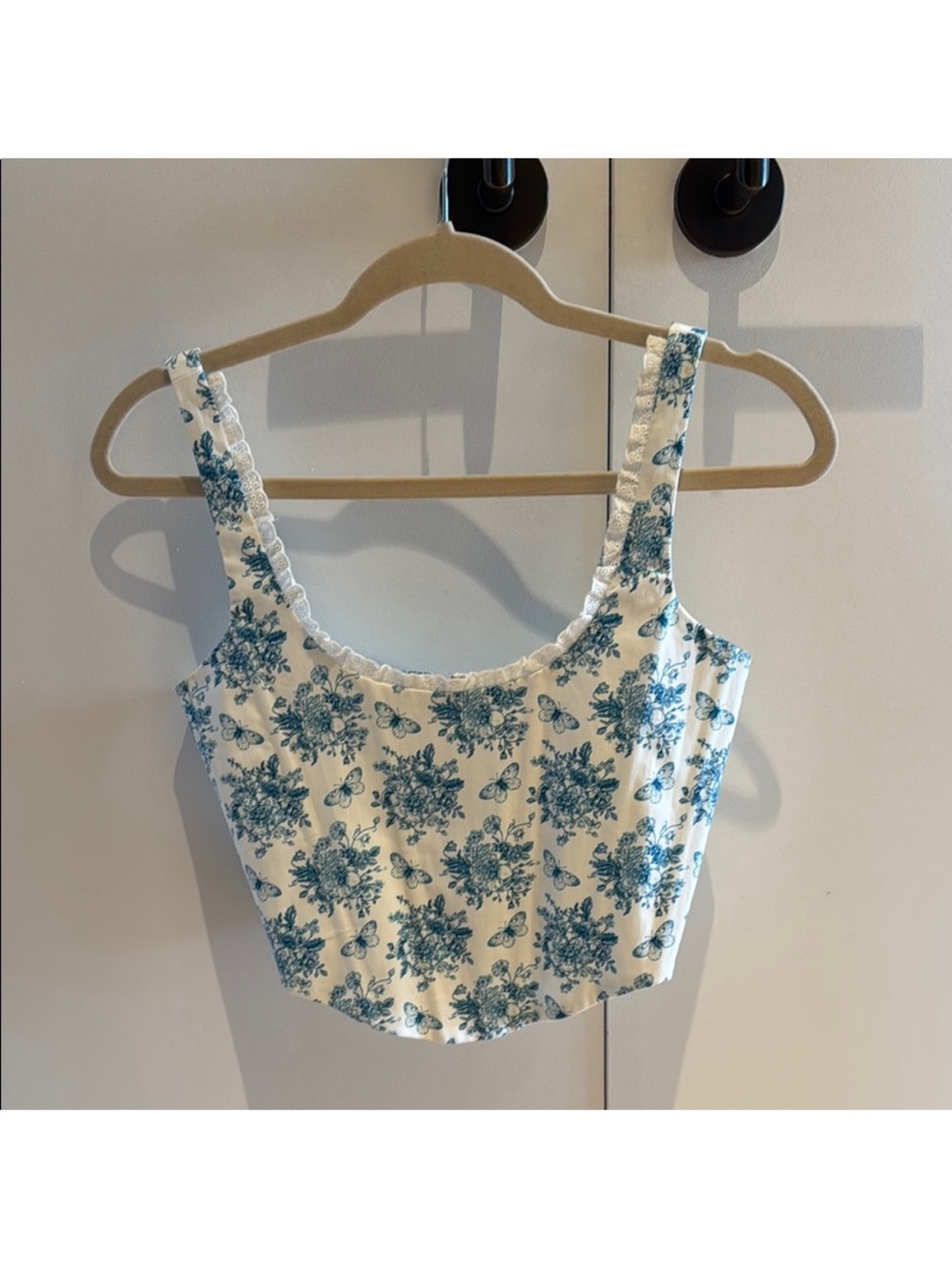 With Jean White Crop Top with Blue Floral Print